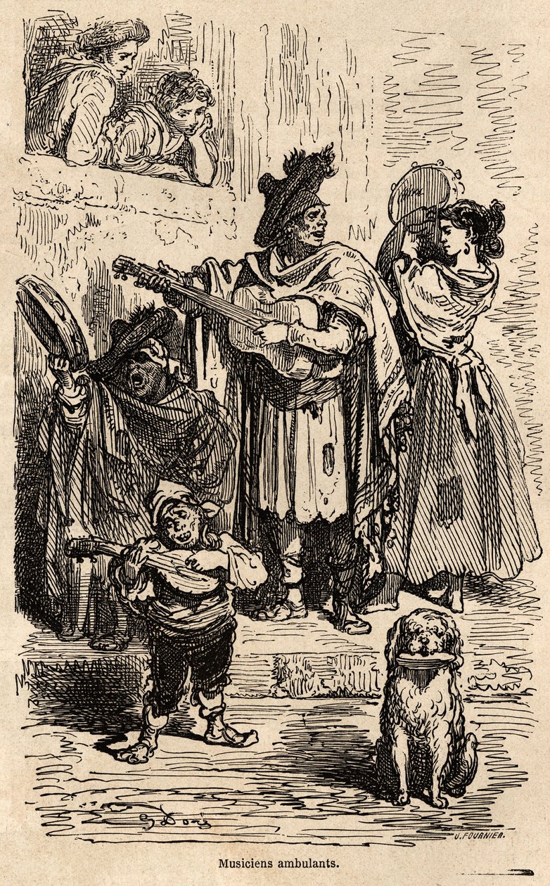 Omrejsende musikere i Valencia, tegning af Gustave Dore (1832-1883), for at illustrere hans rejse til Spanien med C.Davillier, i 1862. Indgravering i "" Le tour du monde"", redigeret af Edouard Charton af Gustave Dore