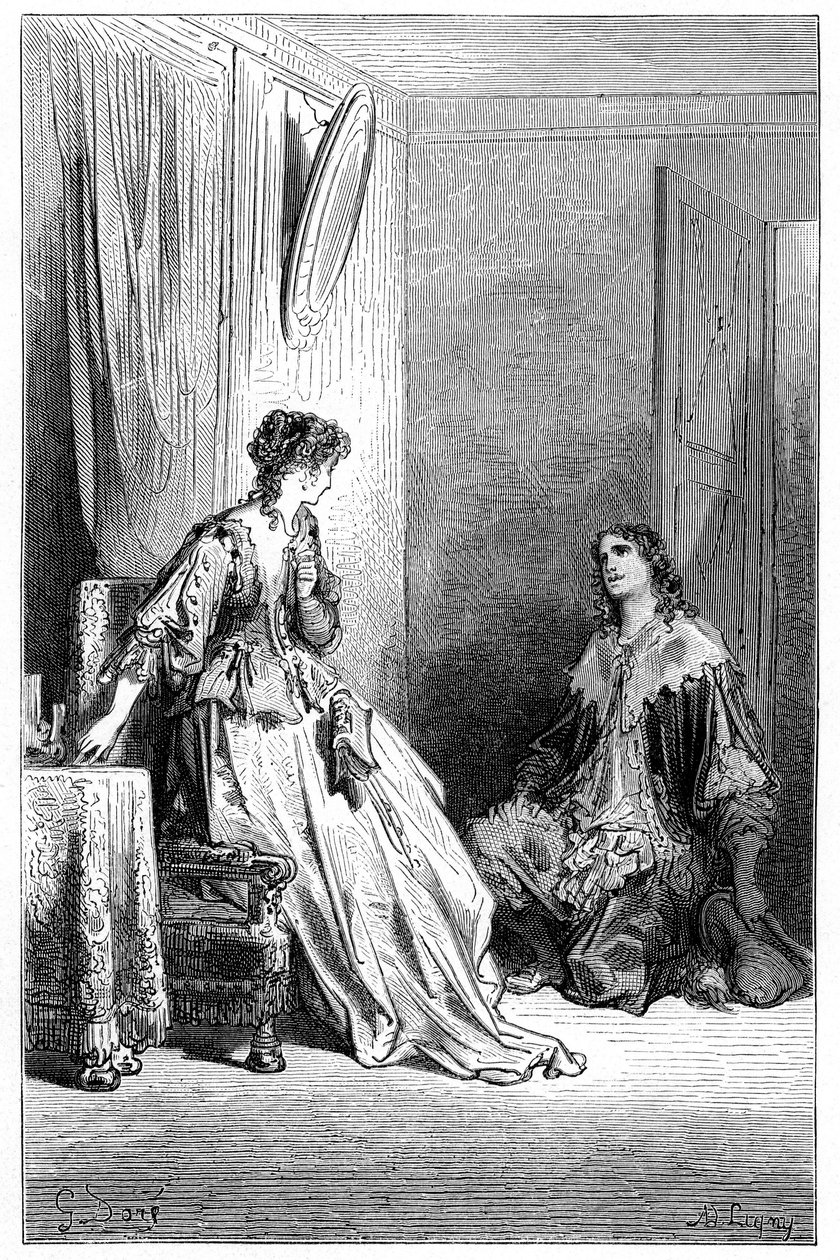 Vallombreuse knæler foran Isabelle, som han er forelsket i. Kobberstik af Gustave Dore, der illustrerer Theophile Gautiers roman "Le capitaine Fracasse", edition Charpentier 1863. af Gustave Dore