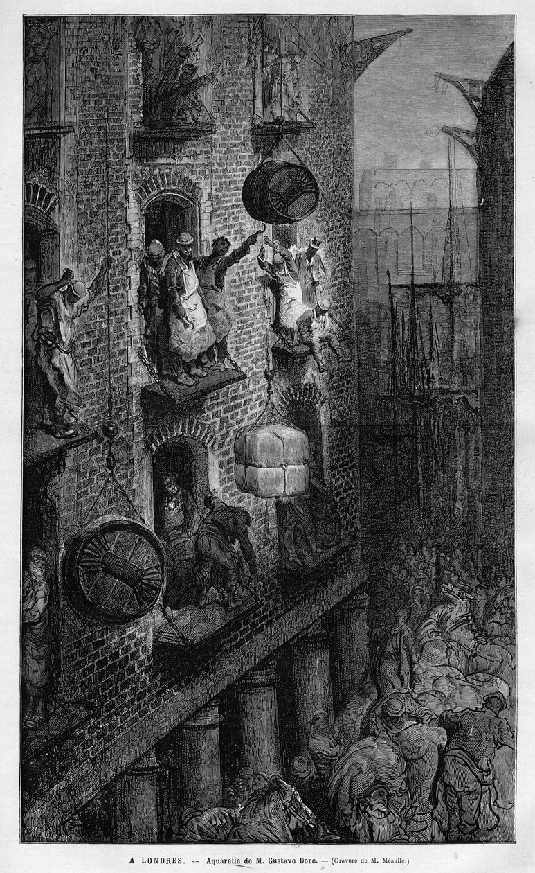 Udsigt over livet i London. Tegning af Gustave Dore. Indgravering i "" Le Monde illustrious"" 1883. Privat samling. af Gustave Dore