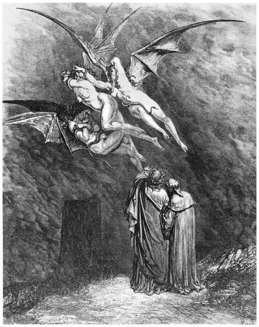 Vergil (70-19 f.Kr.) Dante og erinyerne, illustration fra "Den guddommelige komedie" (Inferno) af Dante Alighieri (1265-1321) Paris, udgivet 1885 af Gustave Dore