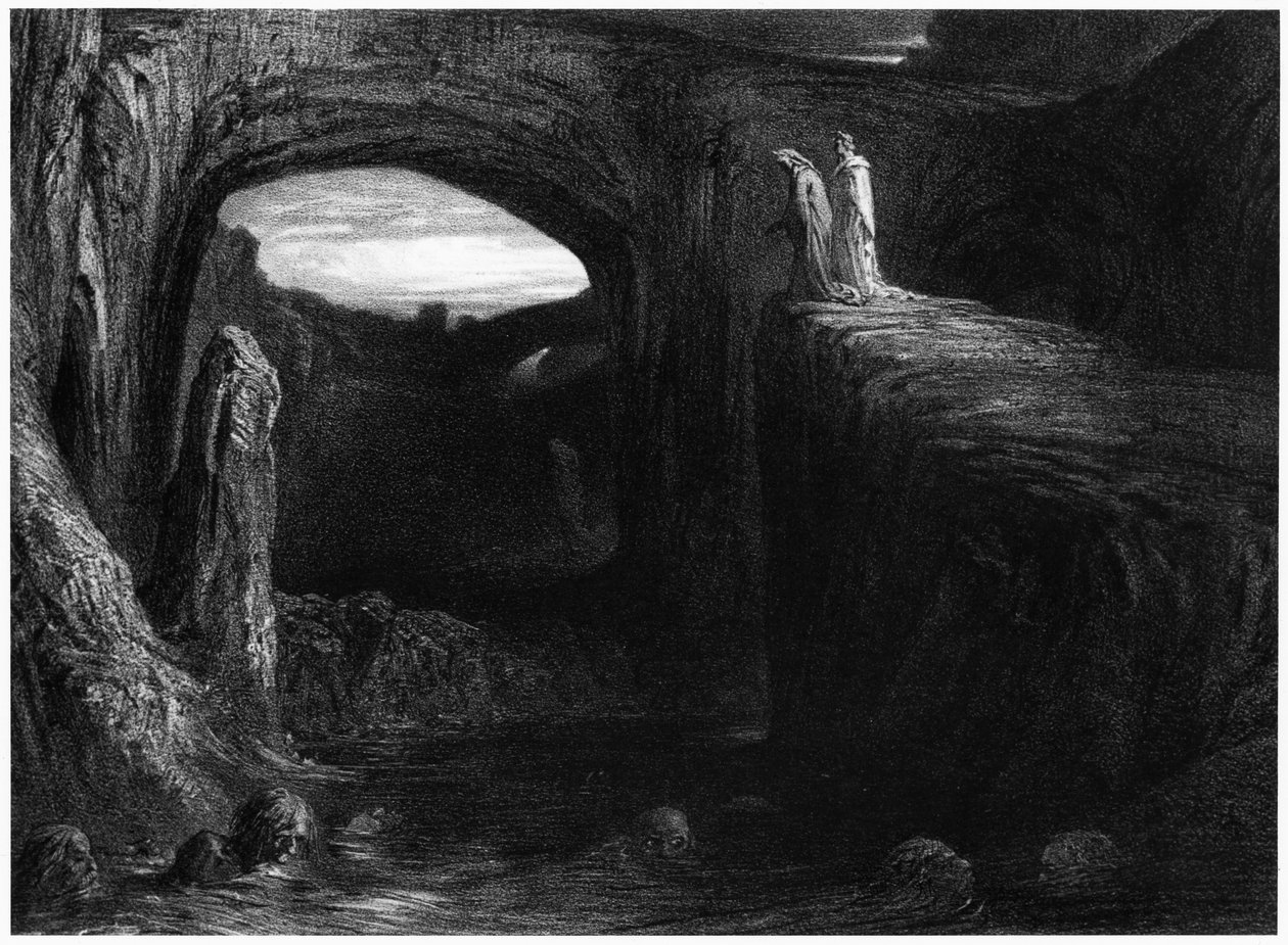 Virgil (70-19 f.Kr.) og Dante på vej ind i helvede, illustration fra 