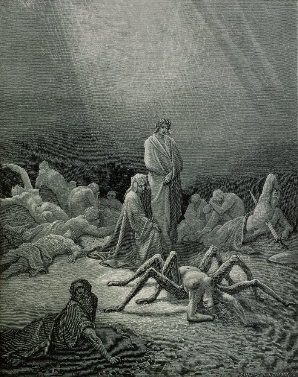 Virgil (70-19 f.Kr.) og Dante ser på edderkoppekvinden, illustration fra 