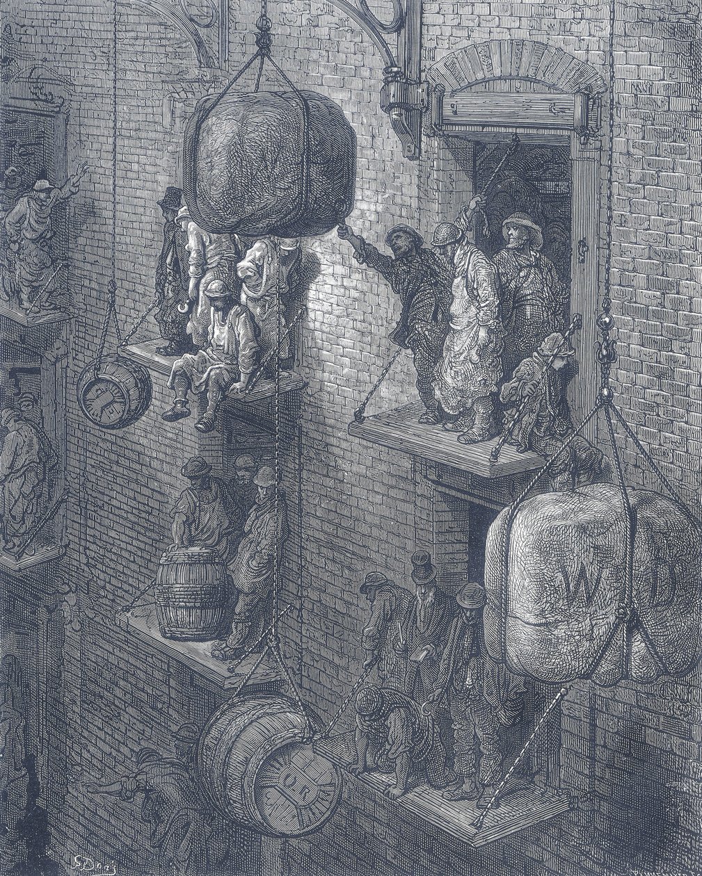 Lagerbygninger i byen London. Fra Gustave Dore og Blanchard Jerrold London: En pilgrimsrejse til London 1872. af Gustave Dore