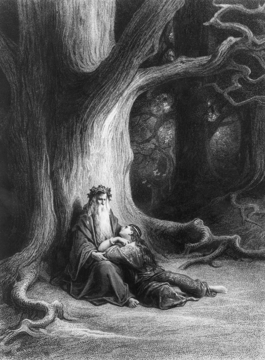 Tryllekunstner Merlin og fe Vivien i skoven Brocéliande. Baseret på digtet "Vivien" af Alfred Tennyson (udgivet af Hachette, Paris, 1868) af Gustave Dore