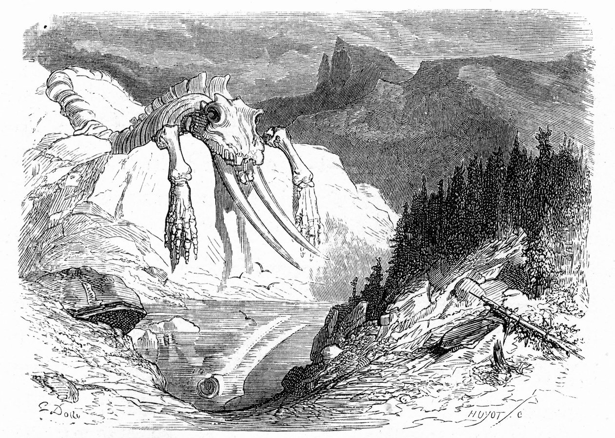Gravering af Gustave Dore omkring 1850: fremkaldelse af en apokalyptisk syndflod, efter hvilken forskellige uhyrlige dyr er faldet ned på bjerget. Illustration af Hippolyte Taines bog "Journey to the Pyrenees", hvor tilstedeværelsen af fossile knogler af Gustave Dore