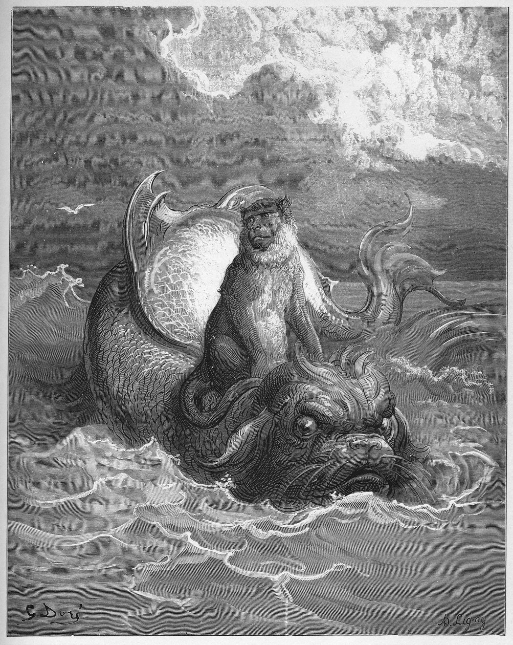 aber og delfiner - fra "Fables" af Jean de La Fontaine af Gustave Dore