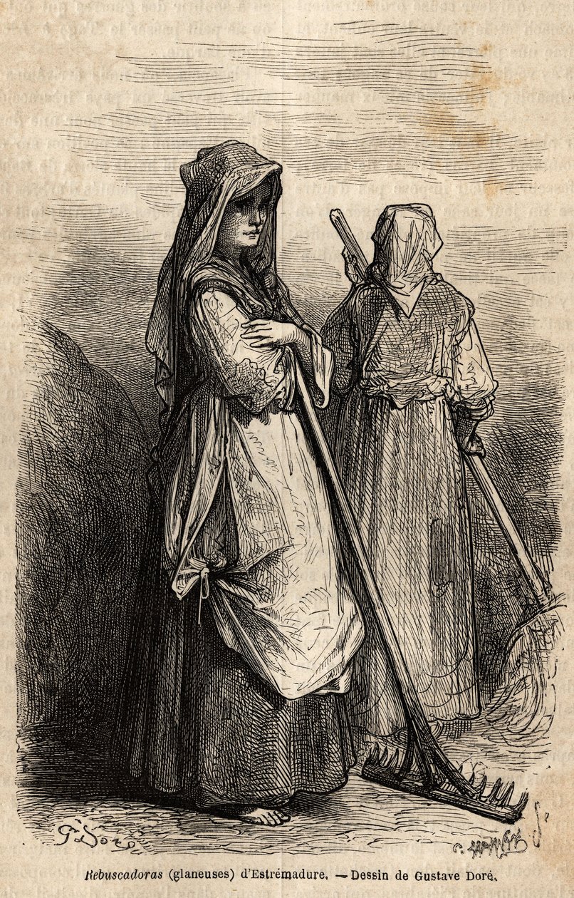 samlerne i Estremadure med deres store trærive til at samle den del af afgrøden op, der var glemt på markerne efter høsten. Gravering til illustration af rejsen til Spanien af Gustave Dore (1832-1883) illustrator og baron Ch. Davillier reagerer af Gustave Dore