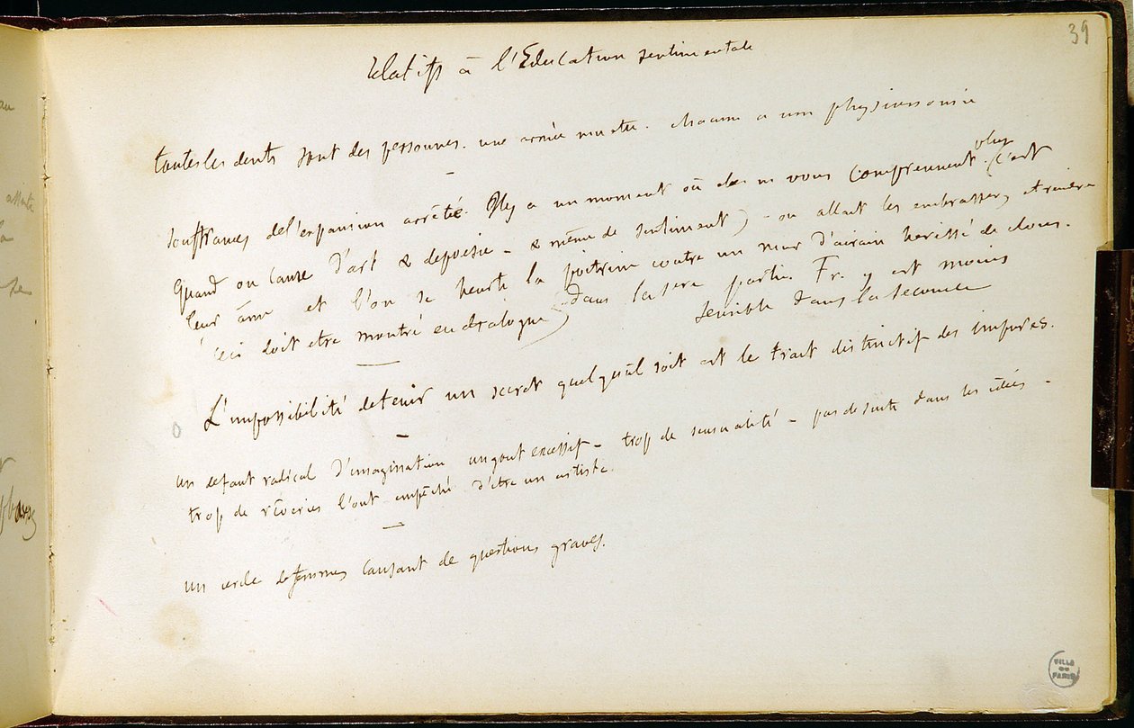 Folio 39 i arbejdsbogen n. 19 Manuskriptside af Gustave Flauberts udkast. Planer for sentimental uddannelse. BHVP. af Gustave Flaubert