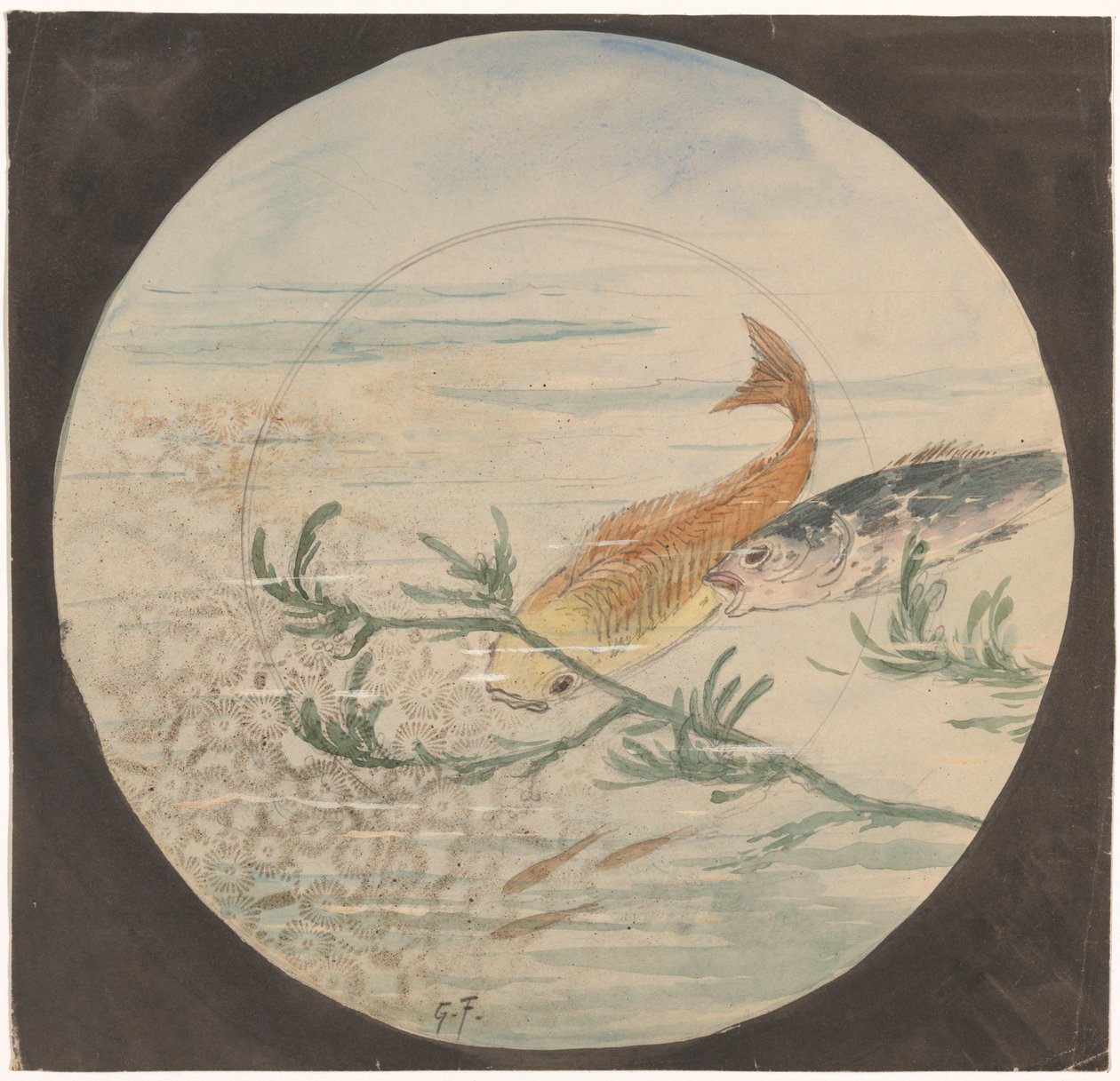 Design til et skilt med en gul og en blå fisk, der svømmer ned af Gustave Fraipont (signed by artist)