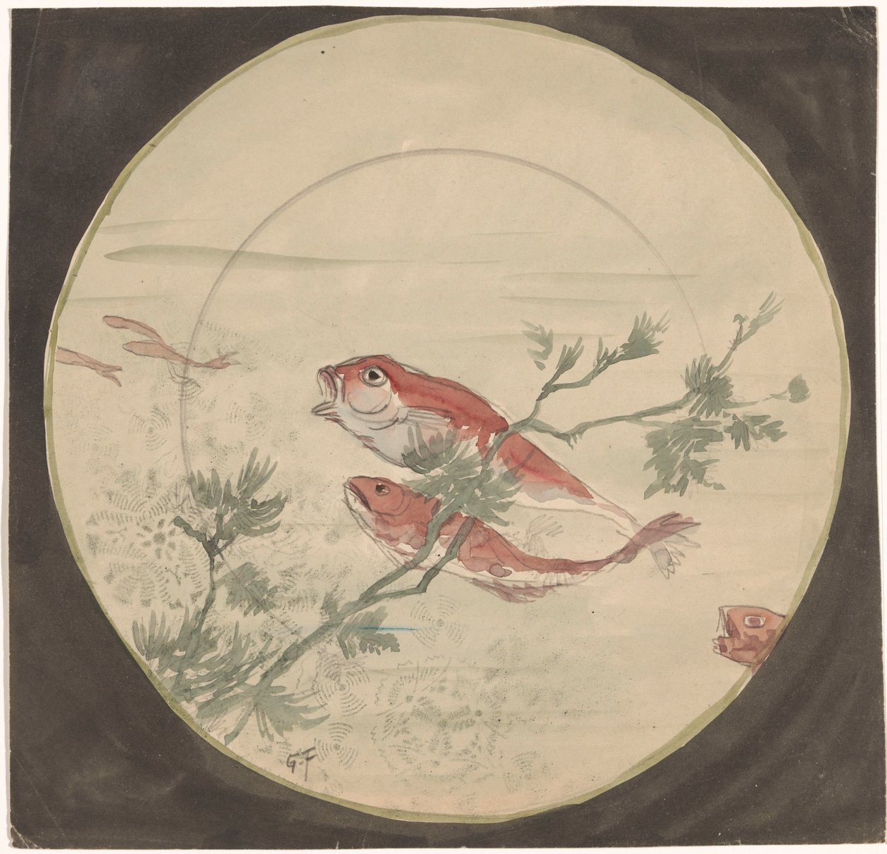 Design til et skilt med røde fisk, der svømmer op af Gustave Fraipont (signed by artist)