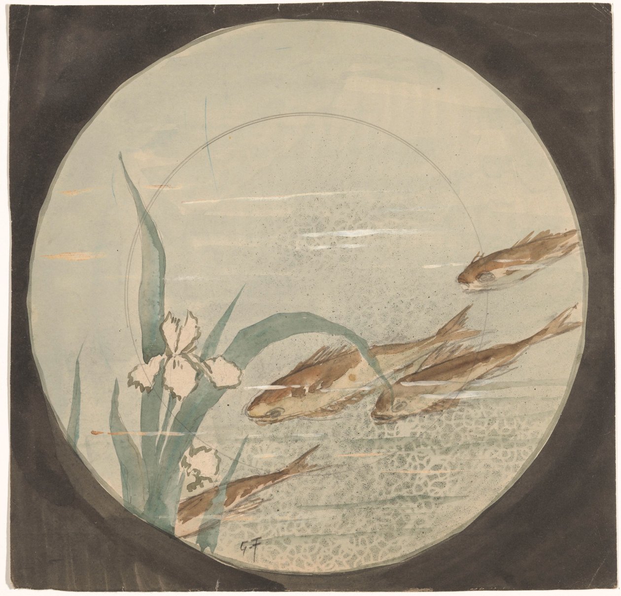 Design til en tallerken med fire brune fisk, der svømmer opad nær en hvid iris af Gustave Fraipont (signed by artist)