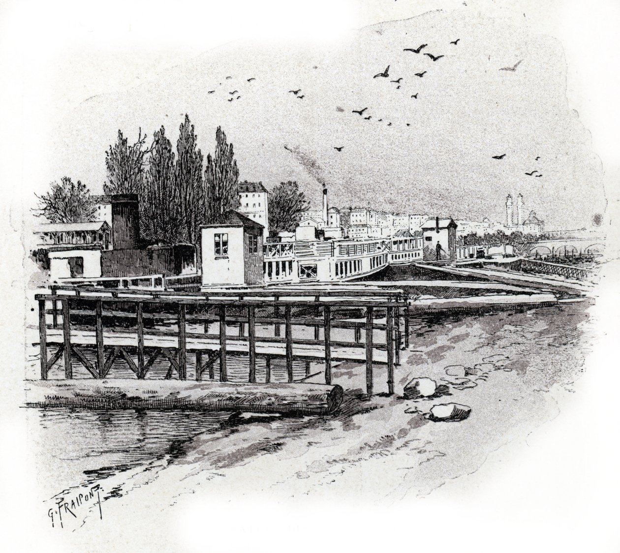 Vandbusser (pendlerbåde) reparationsværksteder på notfloden i Paris Tegning af Gustave Fraipont (1849-1923) tager udgangspunkt i "La seine a travers Paris" af Saint-Judges af Gustave Fraipont