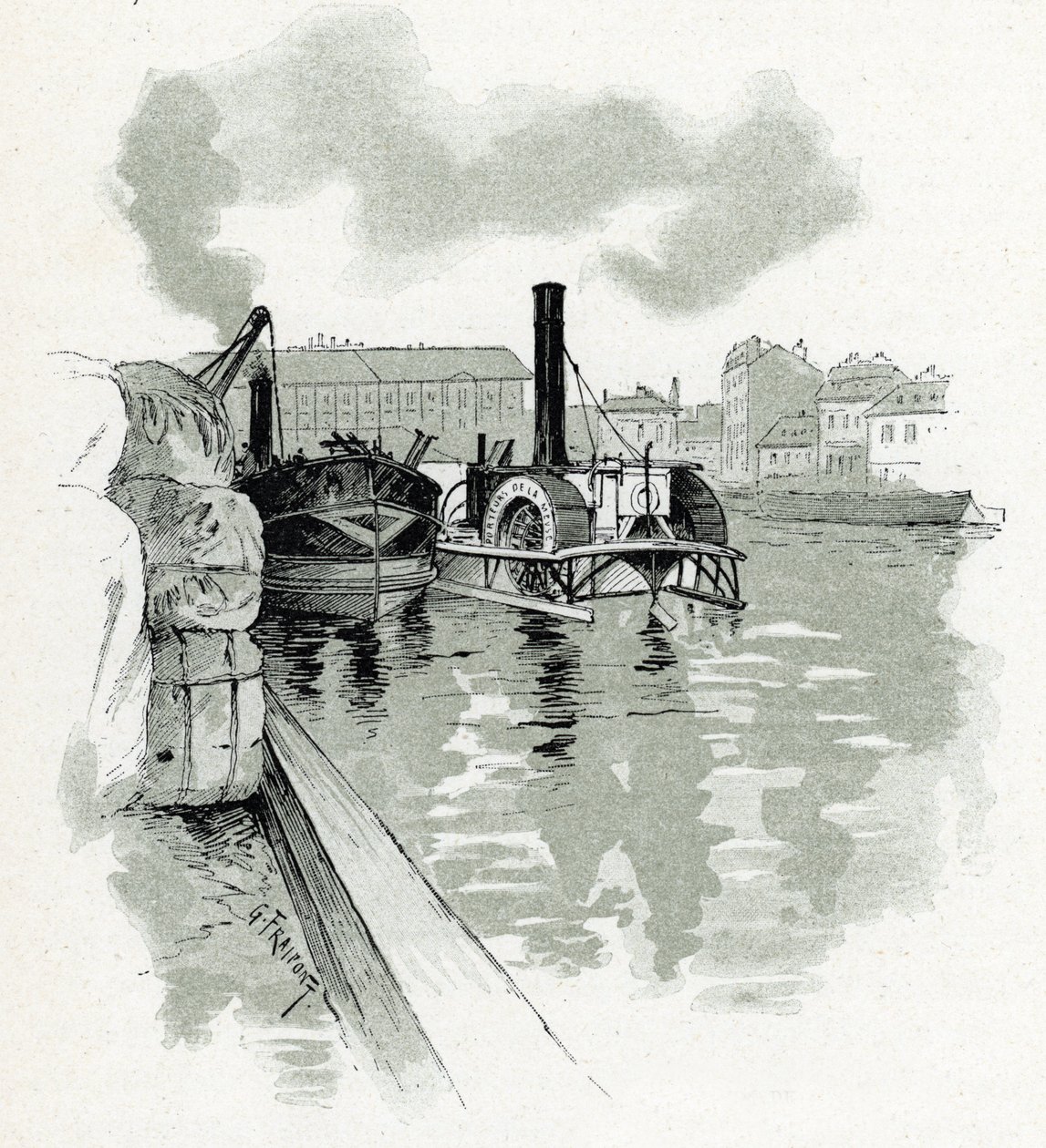 Både, der fortøjer i havnen i La Villette, Paris (både i havnen i La Villette, Paris) tegning af Gustave Fraipont (1849-1923) trækker fra “La Seine A Travers Paris” af Saint-Juirs af Gustave Fraipont