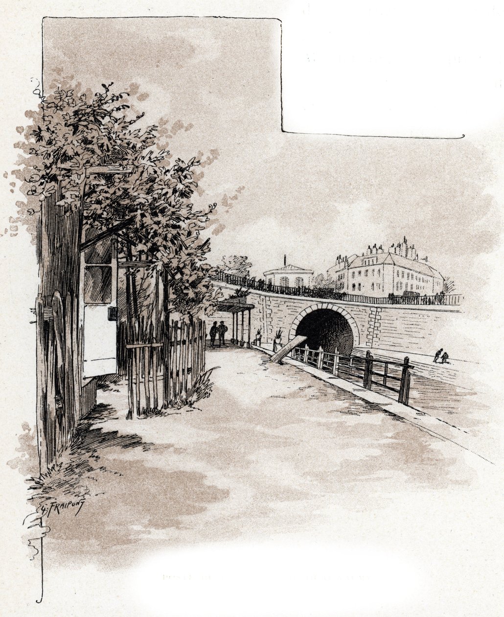 Toldkontoret på quai de Valmy, Canal Saint-Martin, paris Tegning af Gustave Fraipont (1849-1923) tager fra "La seine a travers Paris" af Saint-Juirs af Gustave Fraipont