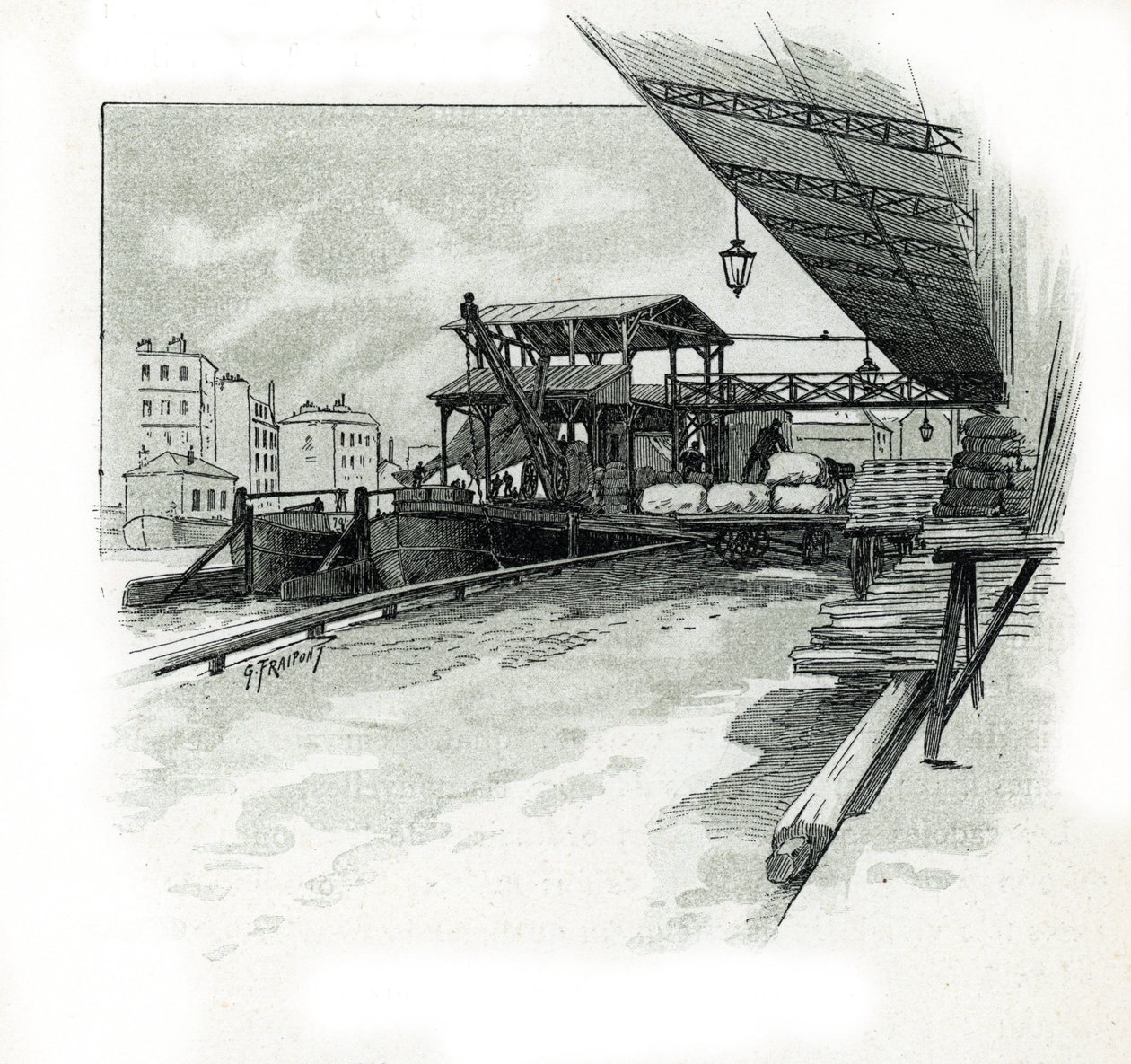 Dokker i havnen i La villette, Paris Tegning af Gustave Fraipont (1849-1923) tager udgangspunkt i "La seine a travers Paris" af Saint-Juirs af Gustave Fraipont