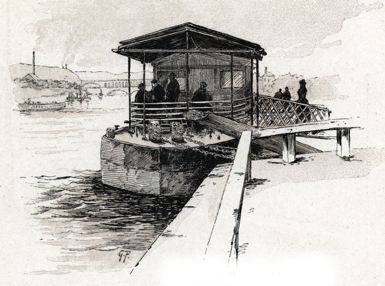 Embarcadere des Bateaux-mouches (Bateaux-mouches) sur la Seine, Paris (Udsigt over turistbådenes kaj på not-floden, Paris) Tegning af Gustave Fraipont (1849-1923) tager fra Saint-Juirs "" La seine a travers Paris ” af Gustave Fraipont