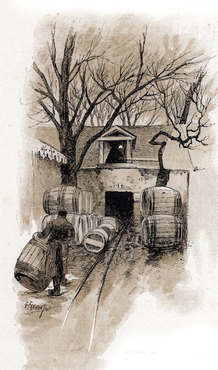 Indgang til kælderen i Bercy-varehusene, Paris Tegning af Gustave Fraipont (1849-1923) tegner fra "La seine a travers Paris" af Saint-Juirs af Gustave Fraipont