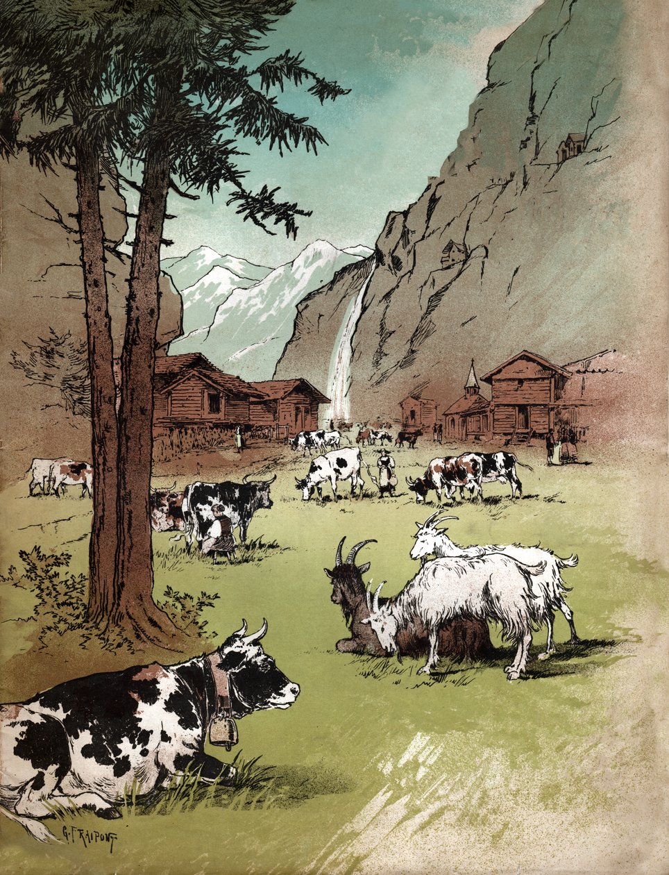 Gård og landskab i de schweiziske alper, omkring 1910 (illustration) af Gustave Fraipont