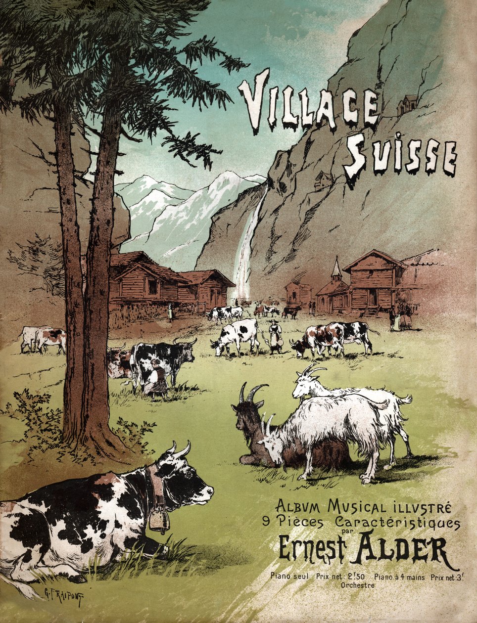 Gård og landskab i de schweiziske alper, omkring 1910 (illustration) af Gustave Fraipont
