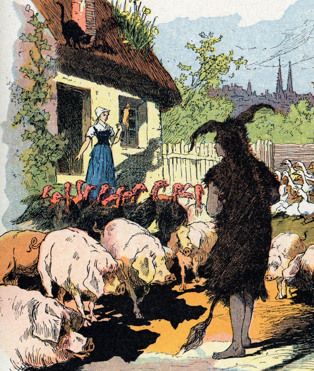 Tjenestepige æselskind Illustration af Gustave Fraipont til "" Cane skin"" (Ane skin) fortælling af Charles Perrault (1628-1703), fransk forfatter (Illustration til "Donkeyskin"" fransk litterært eventyr) Privat samling af Gustave Fraipont