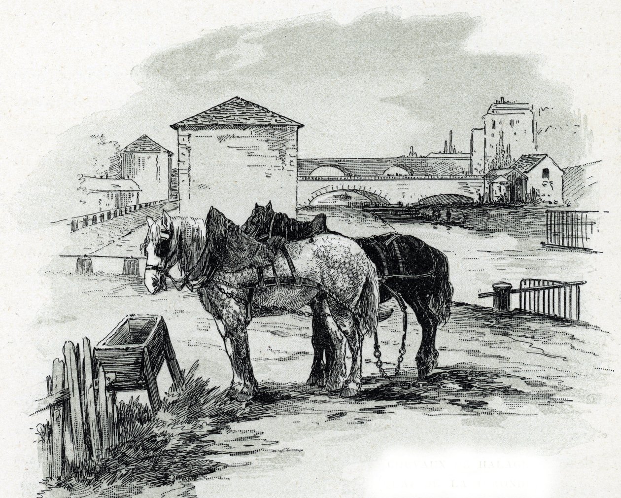 Horses de haulage, quai de la Gironde, Villette (heste brugt til at trække bådene på kanalen saint-denis, quai de la gironde, Villette Paris) Tegning af Gustave Fraipont (1849-1923) fra Saint-Juirs af Gustave Fraipont