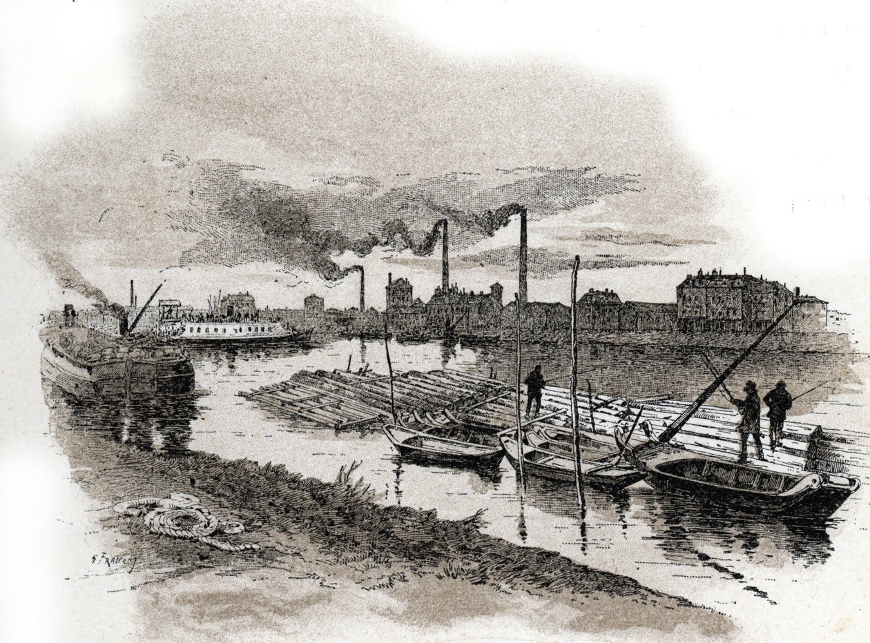 Ivry sur Seine, trætog (Tømmerrafting på Seine-floden, Ivry-sur-Seine) Tegning af Gustave Fraipont (1849-1923) tager fra "La seine a travers Paris" af Saint-Juirs af Gustave Fraipont