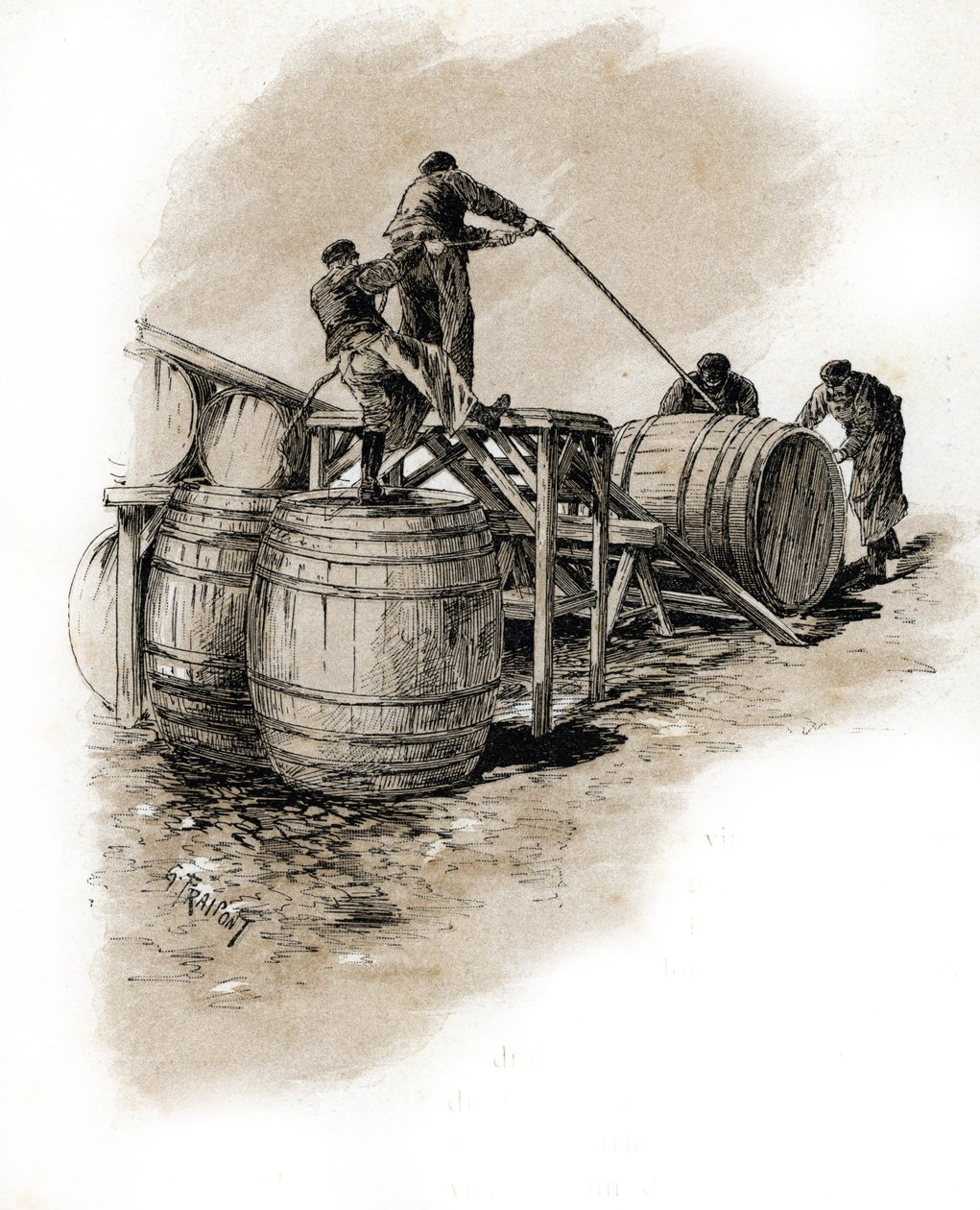Le stacking des tonneaux de vin, Bercy Paris (Dockers staking vintønderne, Bercy, Paris) Tegning af Gustave Frainpont (1849-1923) er hentet fra Saint-Juirs