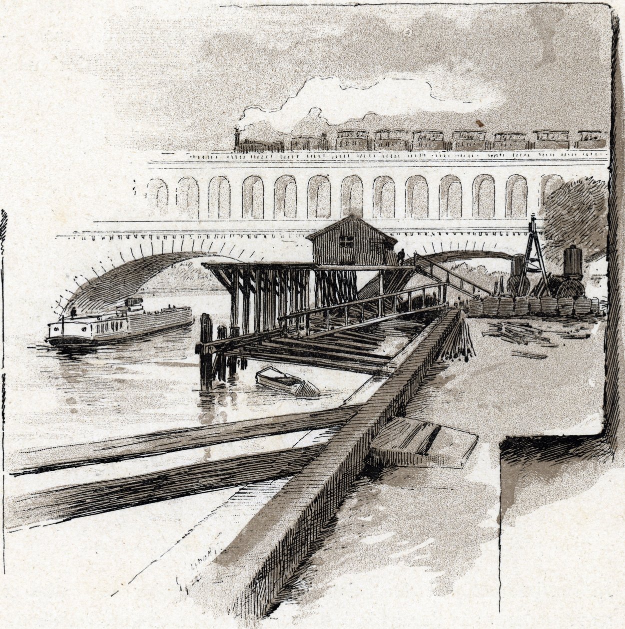 Le viaduct du point du Jour, Boulogne-Billancourt (Udsigt over viaduktbroen i Point du jour-distriktet, Boulogne Billancourt) Tegning af Gustave Fraipont (1849-1923) fra Saint-Juirs af Gustave Fraipont