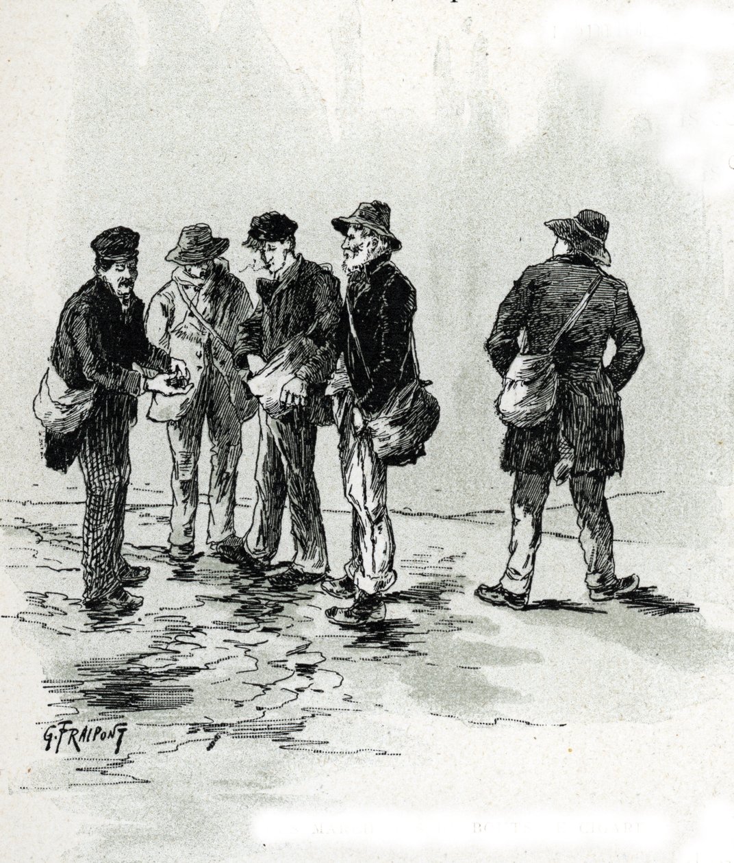 Gadehandlere med cigar- og cigarettips, Maubert-distriktet, Paris Tegning af Gustave Fraipont (1849-1923) tager fra "La seine a travers Paris" af Saint-Juirs af Gustave Fraipont
