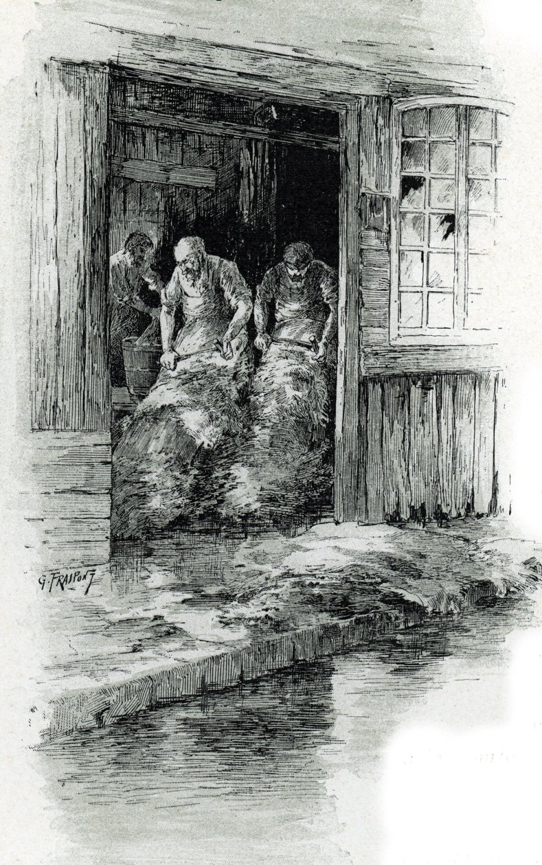 Megissiers de la rue des gobelins i Paris (garvere, der arbejder med læder og dyreskind i rue des Gobelins, Paris) Tegning af Gustave Frainpont (1849-1923) tager fra "La seine a travers Paris" af Saint-Juirs af Gustave Fraipont