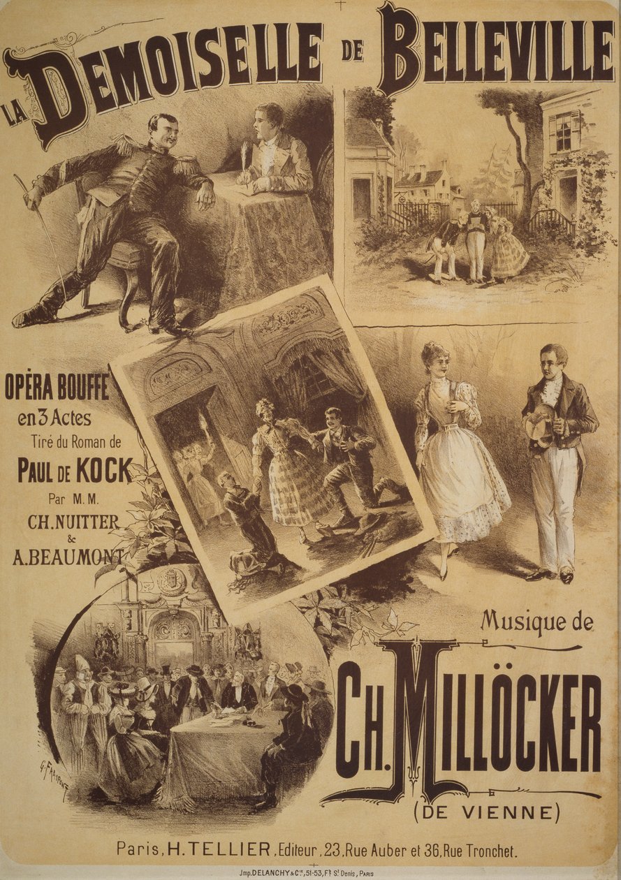 Plakat for La Demoiselle de Belleville, komisk opera, libretto af Charles Nuitter og Alexandre Beaumont, musik af Karl Millocker, Tegning af Gustave Fraipont, Tellier forlag, Paris af Gustave Fraipont