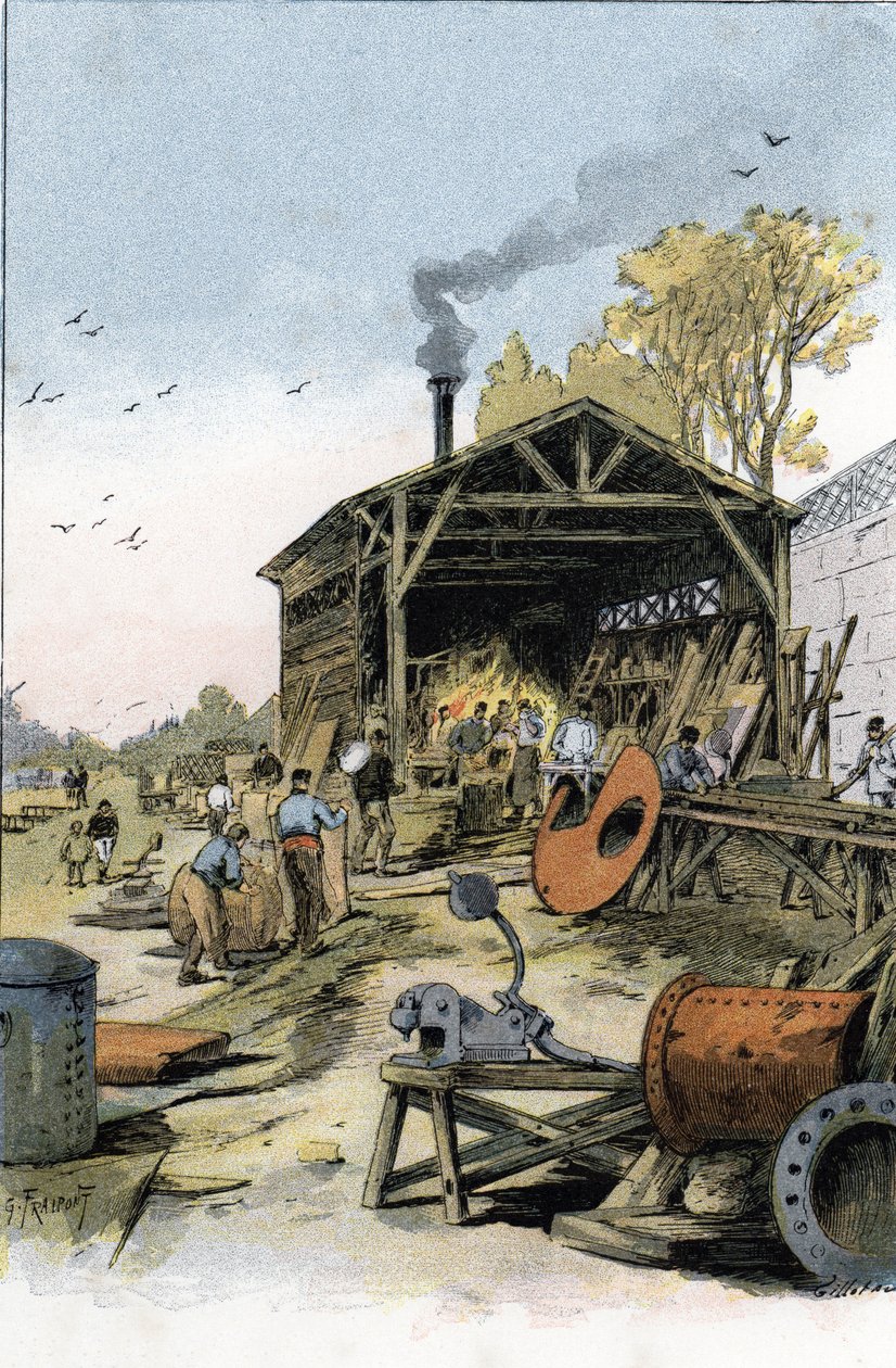 Reparationer af både i smedjen Point du Jour nær Boulogne-Billancourt (Både og pramme repareres i smedjen Point du jour nær Boulogne Billancourt, Paris) Tegning af Gustave Fraipont (1849-1923) er hentet fra "La seine a travers Paris" ” af S af Gustave Fraipont