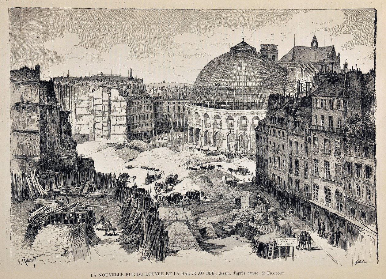 Den nye Rue du Louvre og Halle au Ble i Paris i 1887. illustration af Gustave Fraipont (1849 - 1923). Indgravering fra 1887 i "" Paris-Illustrous journal weekly"". af Gustave Fraipont