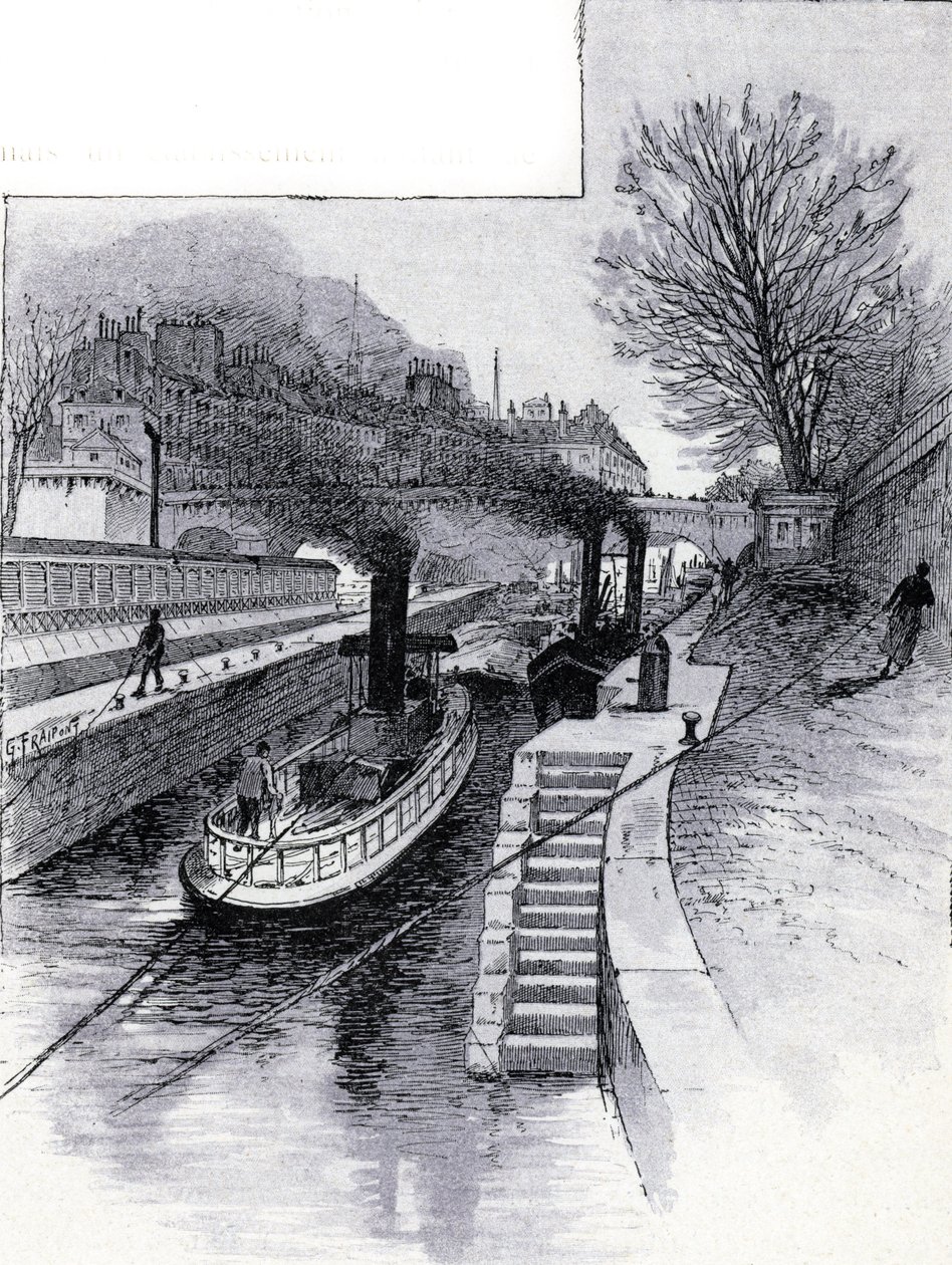Trækbåde af slusen på Seinen foran Hotel des Monnaie, Paris Tegning af Gustave Fraipont (1849-1923) fra Saint-Juirs af Gustave Fraipont