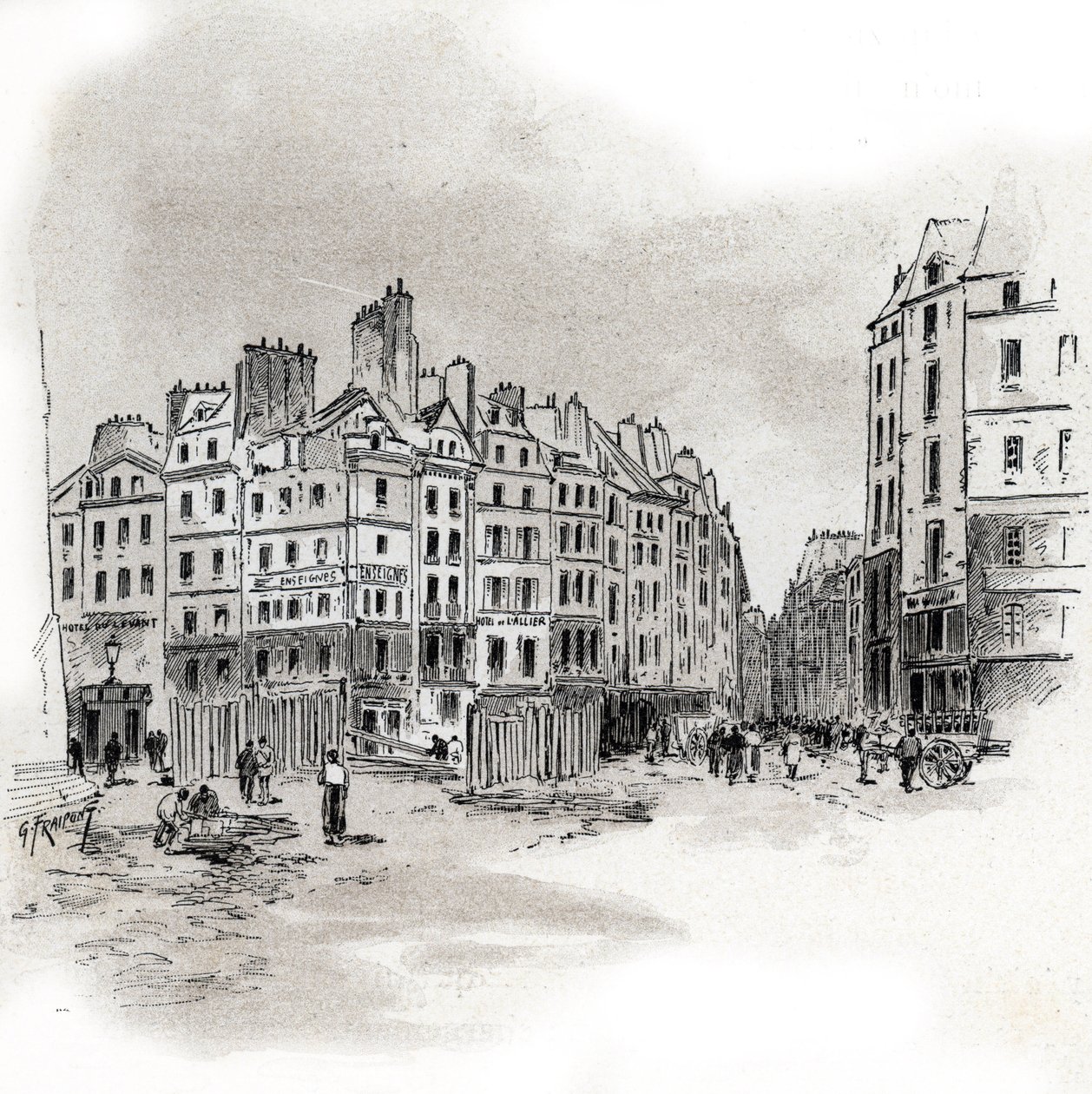 Udsigt over Place Maubert, Paris Tegning af Gustave Fraipont (1849-1923) tegner fra "La seine a travers Paris" af Saint-Juirs af Gustave Fraipont