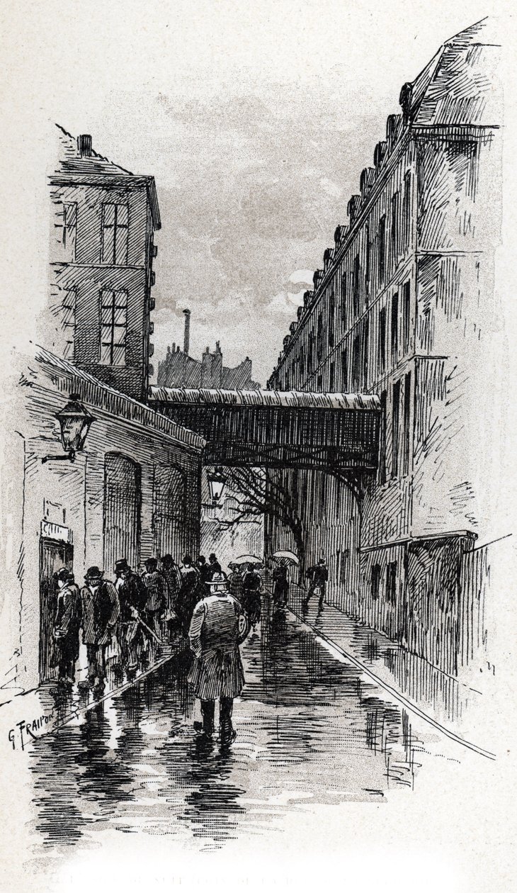Udsigt over et flophus (doss-hus eller doss-hus) i rue de la Bucherie i Maubert-distriktet, Paris Tegning af Gustave Fraipont (1849-1923) fra Saint-Jurs af Gustave Fraipont