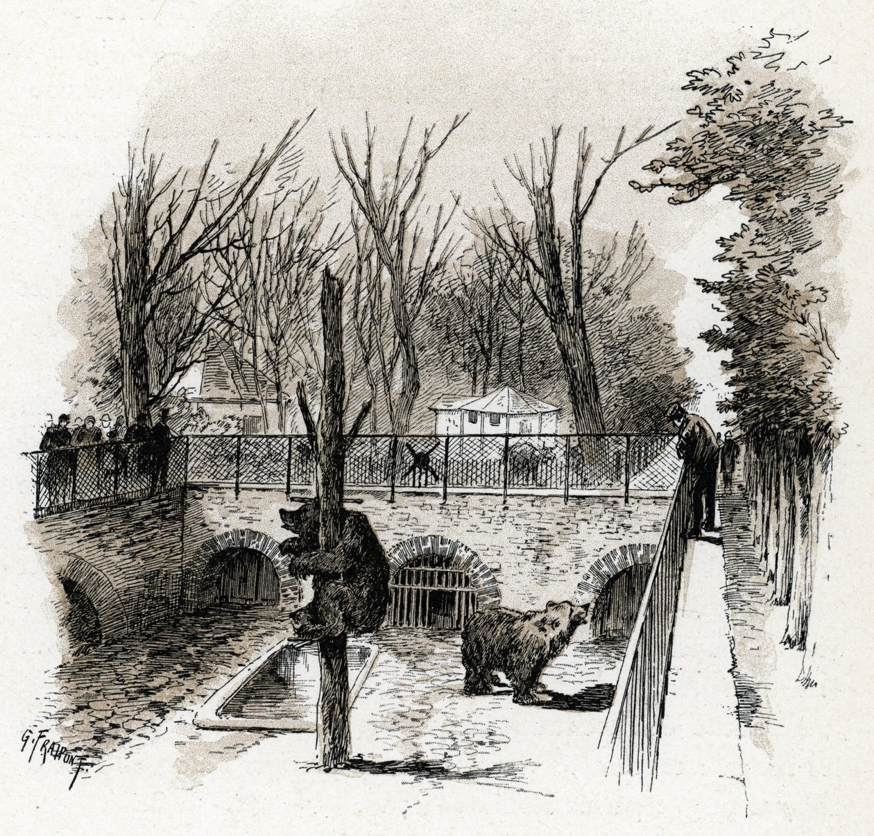 Udsigt over bjørnegraven i Zoo du Jardin des Plantes, Paris Tegning af Gustave Fraipont (1849-1923) er hentet fra "La seine a travers Paris" af Saint-Juirs af Gustave Fraipont