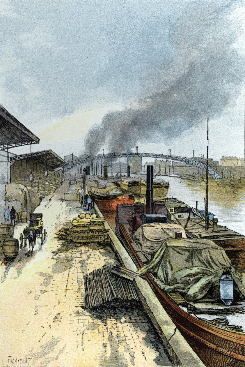 Udsigt over Canal de la Villette i Paris Tegning af Gustave Fraipont (1849-1923) fra Saint-Juirs af Gustave Fraipont