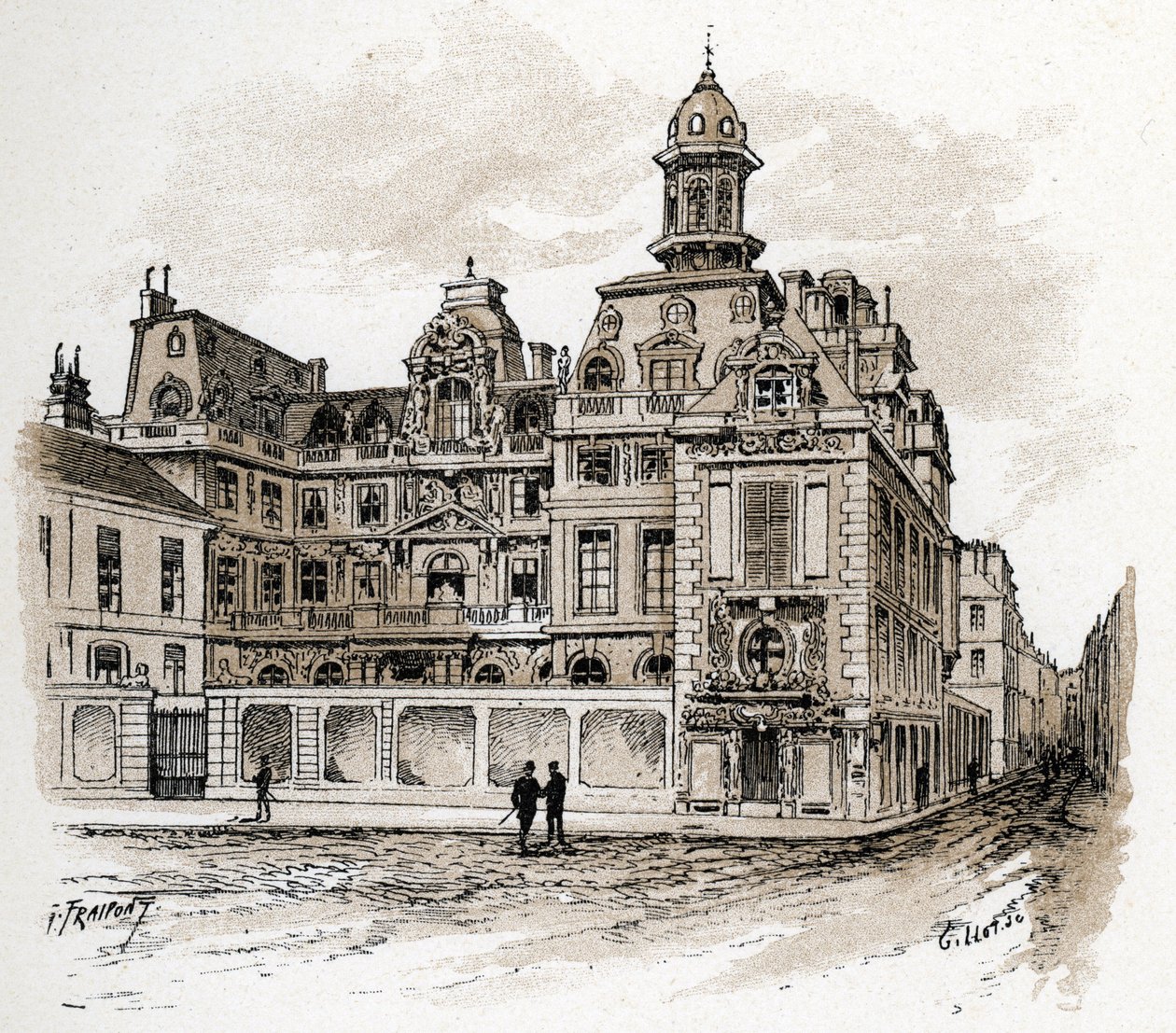 Udsigt over Hotel de la Valletta på Quai des Celestins, Paris (Udsigt over Hotel Valette på quai des Celestins, Paris) Tegning af Gustave Fraipont (1849-1923) tager udgangspunkt i Saint-Juirs