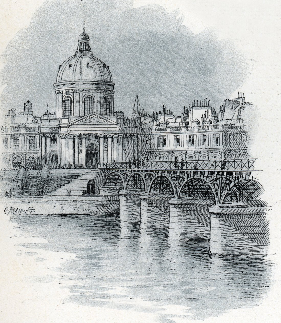 Udsigt over Institut de France og broen Pont des arts i Paris Tegning af Gustave Fraipont (1849-1923) tager fra Saint-Juirs