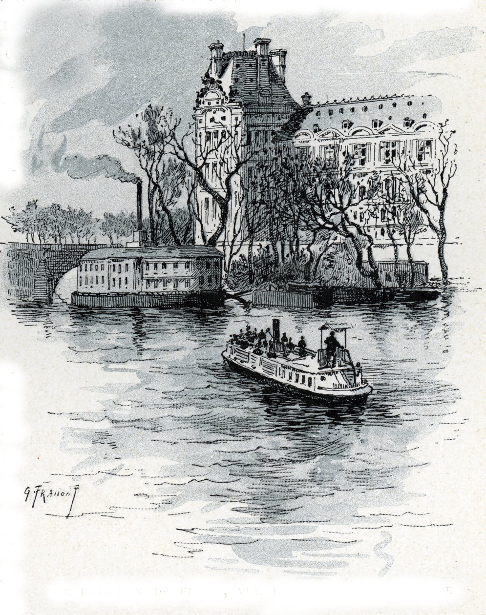 Udsigt over Pavillon de Flore, Palais du Louvre, fra Quai Voltaire, Paris (Udsigt over Pavillon de Flore-delen af ​​Louvre-paladset fra quai Voltaire, Paris) Tegning af Gustave Fraipont (1849-1923) fra Saint-Juirs af Gustave Fraipont