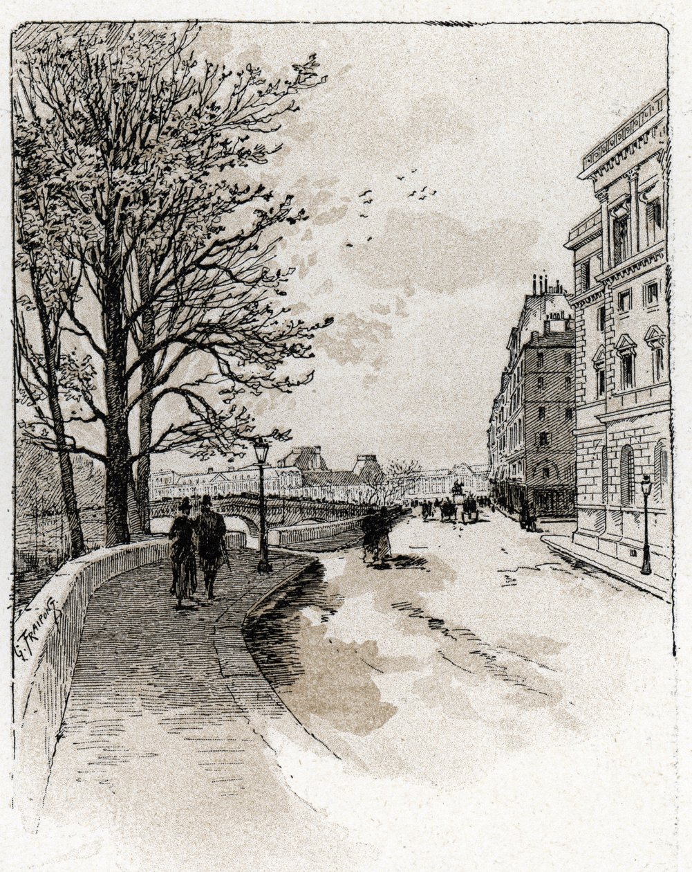 Udsigt over Quai des Orfevres, Ile de la Cite, Paris Tegning af Gustave Fraipont (1849-1923) fra Saint-Juirs af Gustave Fraipont
