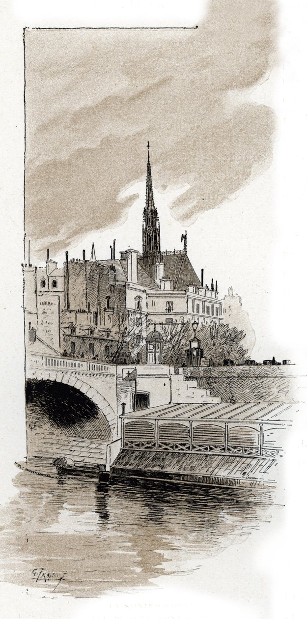 Udsigt over Sainte Chapelle fra St. Michel-broen, Paris (Udsigt over Sainte-Chapelle fra St. Michel-broen, Paris) Tegning af Gustave Fraipont (1849-1923) tegner fra "La seine a travers Paris" af Saint-Juirs af Gustave Fraipont