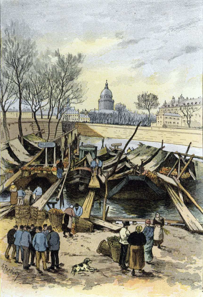 Udsigt over æblemarkedet på pramme på Seine-floden, nær Hotel de Ville, Paris Tegning af Gustave Fraipont (1849-1923) fra Saint-Jurs af Gustave Fraipont