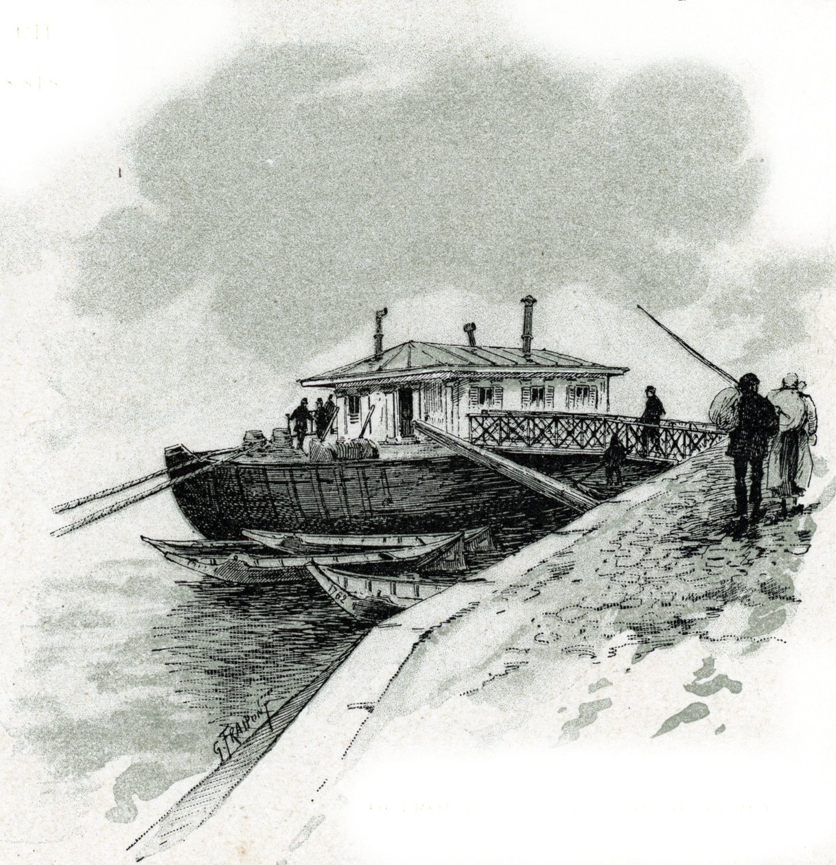Udsigt over båden, hvor handlende betalte tilskuddet fra Seine for at kunne importere varer, quai de Bercy a Paris (Udsigt over båden i quai de Bercy, hvor handlende betalte tilskuddet, afgift for at importere varer, Paris) Tegning af Gustave Fraipont ( 18 af Gustave Fraipont