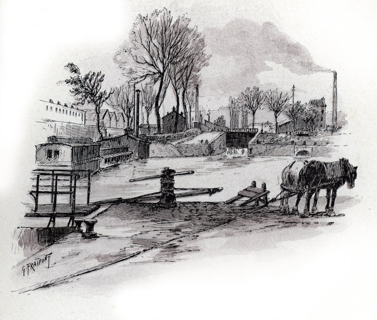 Udsigt over kanalen Saint-Denis og quai de la Gironde a la Villette, Paris (Udsigt over canal saint Denis og quai de la Gironde i Villette-distriktet, Paris) Tegning af Gustave Fraipont (1849-1923) fra Saint-Juirs af Gustave Fraipont