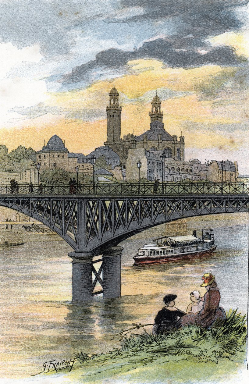 Udsigt over gangbroen i Passy (nu bro over Bir Hakeim) i Paris Tegning af Gustave Fraipont (1849-1923) fra Saint-Juirs af Gustave Fraipont