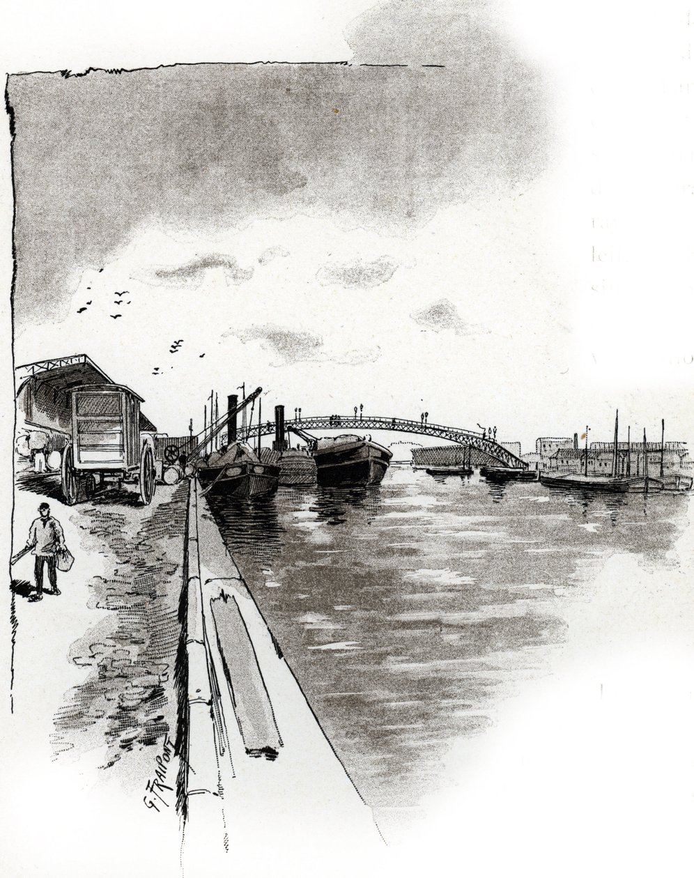 Udsigt over gangbroen ved Canal de la Villette, Paris (Gangbro over Canal de la Villette, Paris) Tegning af Gustave Fraipont (1849-1923) er hentet fra "La seine a travers Paris" af Saint-Juirs af Gustave Fraipont