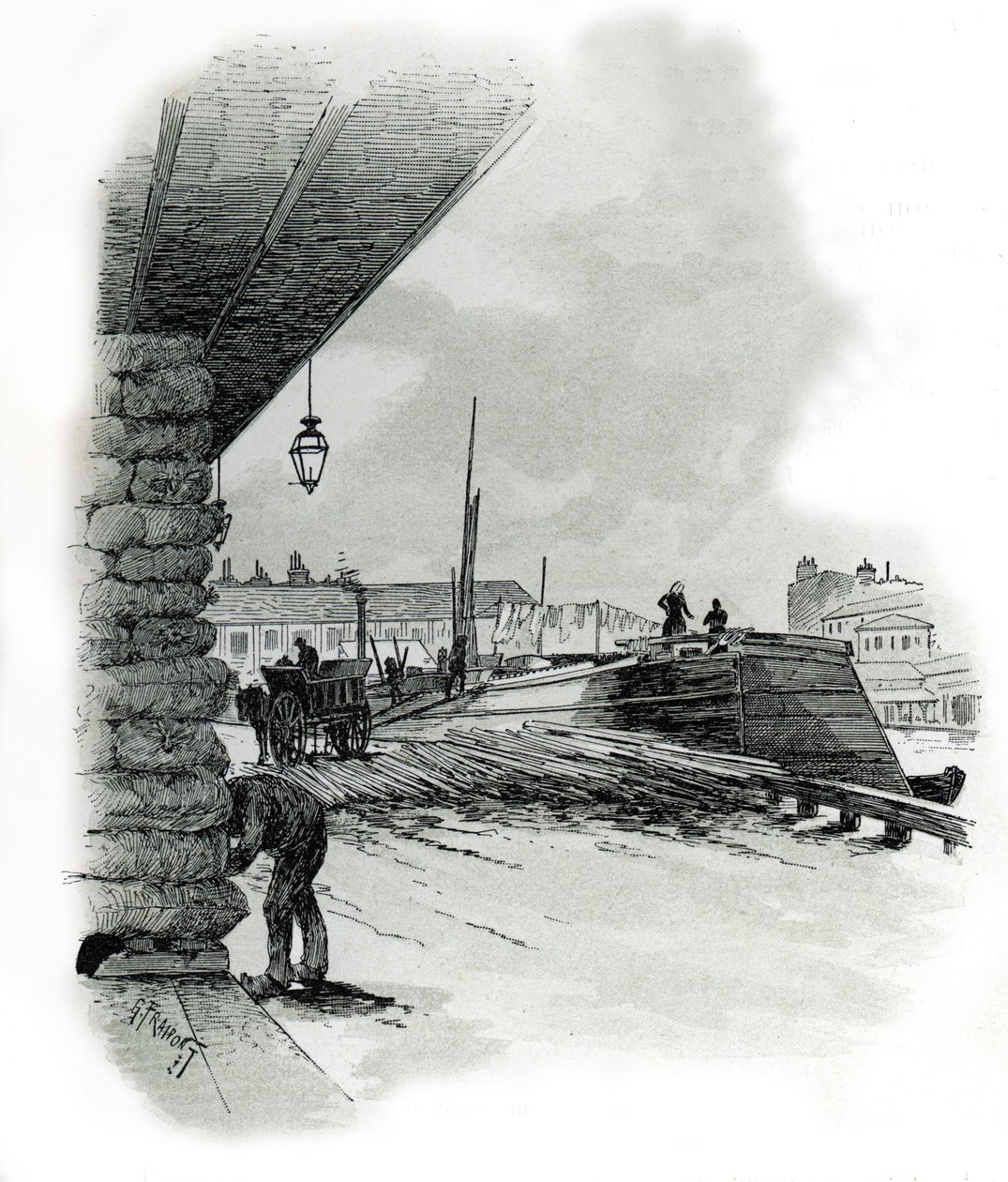 Udsigt over hangarerne i havnen i La Villette i Paris (både og skur fra havnen i La Villette, Paris) Tegning af Gustave Fraipont (1849-1923) er hentet fra "La seine a travers Paris" af Saint-Juirs af Gustave Fraipont