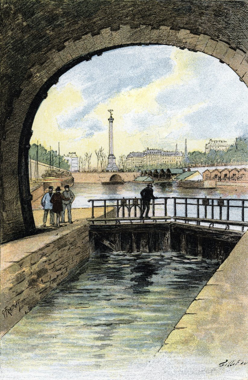 Udsigt over slusen ved Canal Saint Martin i Paris Tegning af Gustave Fraipont (1849-1923) fra "La seine a travers Paris" af Saint-Juirs af Gustave Fraipont